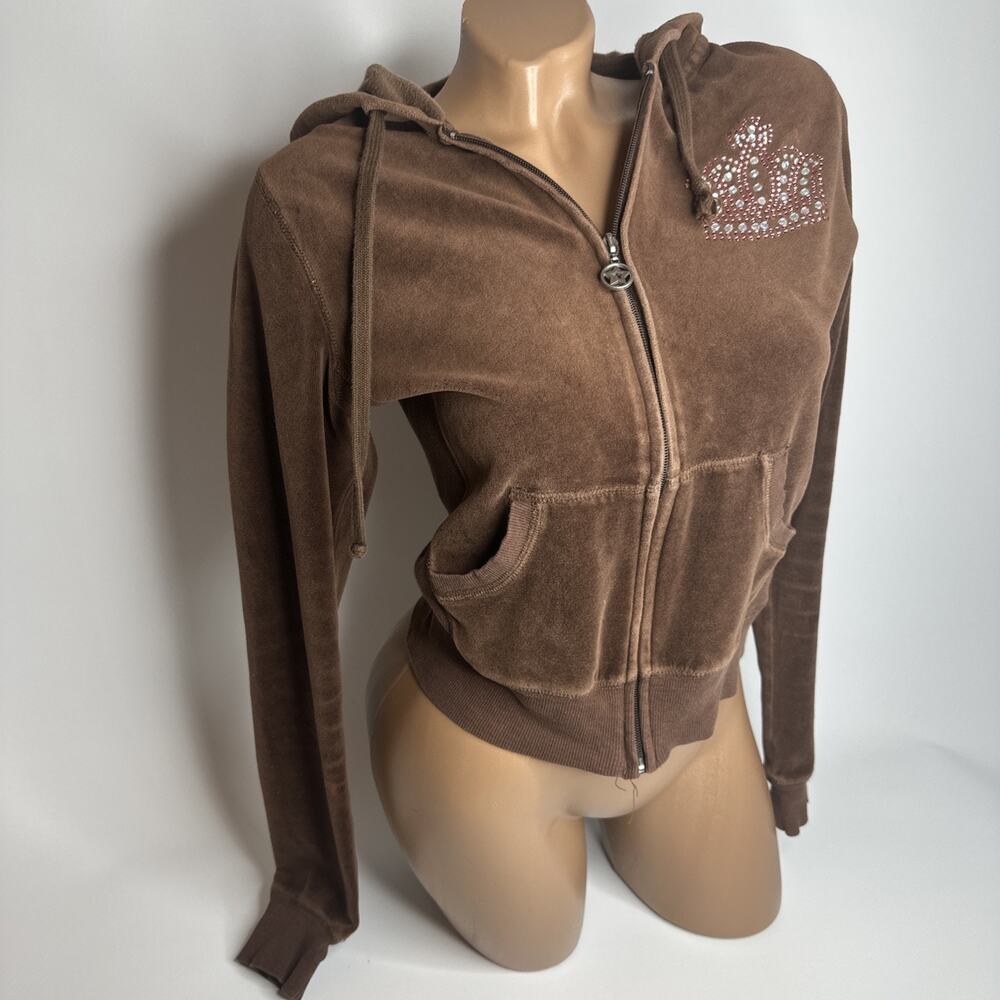 T Party Brown Velour Crown Rhinestone Hoodie Medium Y2K Juicy McBling Zip Jacket